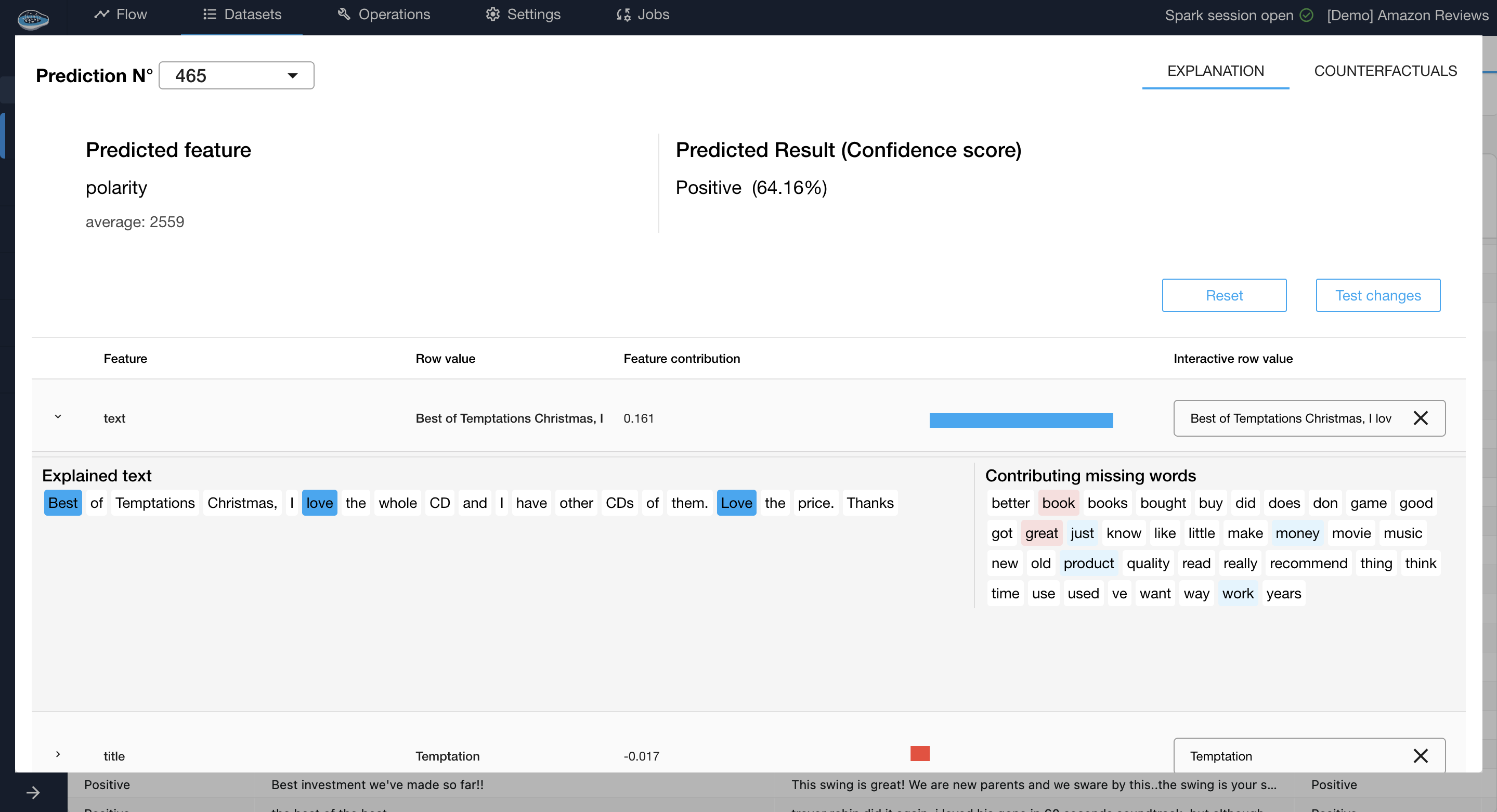 local interpretability of a classifier with feature text